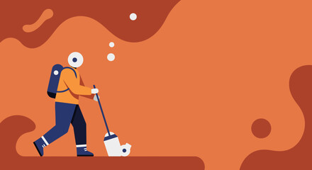 Stylized explorer with a backpack and walking stick journeys across an abstract, wavy landscape. Represents adventure, discovery, and forward movement.