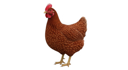 A lively brown hen stands proudly isolated on a showcasing its beautiful feather texture and red comb in detail transparent background