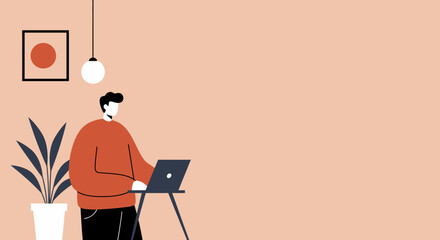 Person working on laptop at a standing desk in a modern, minimalist home office. Ideal for concepts of remote work, productivity, and contemporary lifestyle.