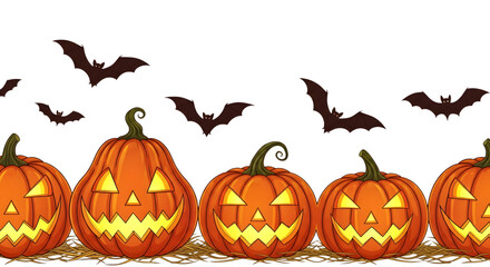 Naklejka premium Halloween pumpkins with bats and straw border isolated on transparent background