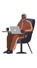 Senior Black man in a tracksuit sits comfortably, working on a laptop with a hot drink. Represents active retirement, remote work, digital literacy, and modern lifestyle.