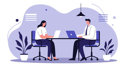 Business colleagues working on laptops at a desk in a modern office environment. Represents teamwork, collaboration, productivity, and digital business.