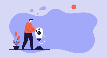 A man connects a stylized energy bulb to the ground, symbolizing innovation, sustainable power, and new ideas for a greener future.