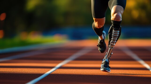 Determined athlete with prosthetic leg running