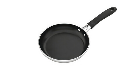High-quality overhead view of a new black non-stick frying pan with metal handle on a plain backdrop perfect for culinary content transparent background