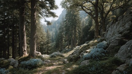 Obraz premium Scenic Forest Landscape with Lush Trees and Rocky Terrain During Daylight