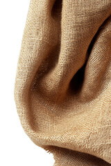 Close up detailed view of rough textured beige burlap fabric on transparent background
