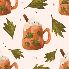 Seamless Autumn pattern Leaves and pumpkin latte. Autumn.
