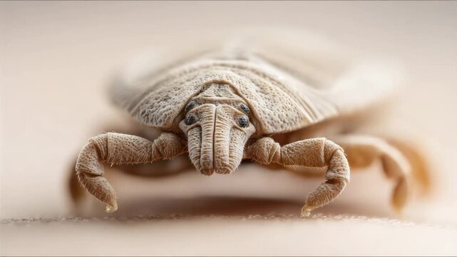 Extreme close up of a pubic louse, also known as a crab louse or phthirus pubis, moving slowly on human skin, highlighting its small size and parasitic nature