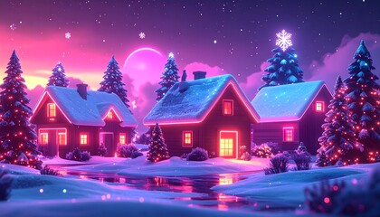 Fototapeta premium Winter village scene with snow-covered houses and Christmas trees at night.