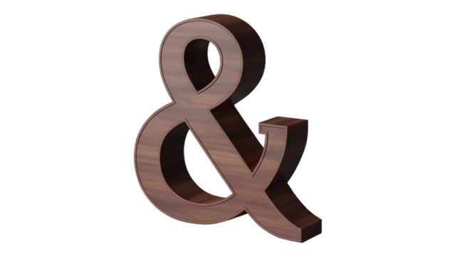 A 3D rendered ampersand symbol (&) made of dark brown wood with a smooth, polished finish. Isolated on a transparent background.