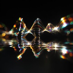 Abstract, vibrant, swirling, colorful, luminous lines reflected on a dark surface