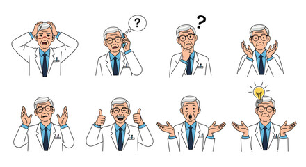 Expressions of a confused doctor showcasing various emotional states and mental processes during medical consultations and problem solving scenarios