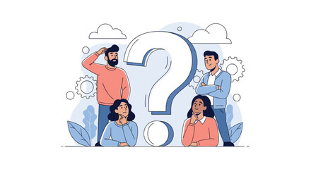 Diverse group of people pondering a giant question mark symbol seeking solutions together