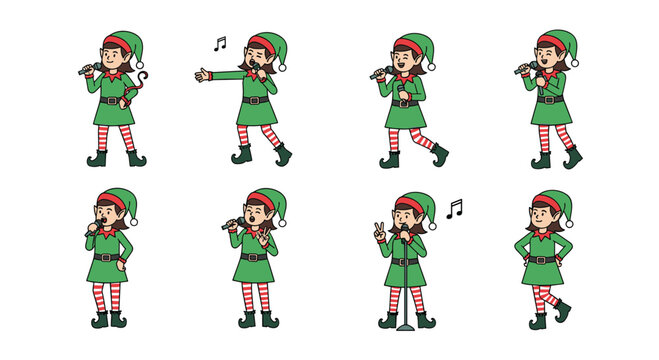A collection of animated elf characters singing and performing with microphones