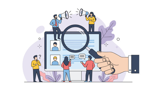 Recruitment team diligently searching for ideal candidates through digital platform with magnifying glass analysis