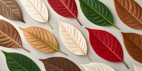 Botanical study of leaves in brown ivory green and red tones in natural eco inspired visual design

