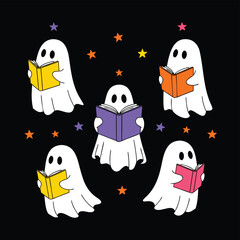 Naklejka premium Ghosts reading books surrounded by colorful stars on black background