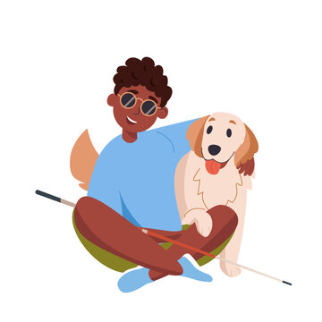 Blind boy  with a guide dog. Teenage with disability in sunglasses hugs his guide dog. Visually impaired person with a cane and seeing-eye labrador. Inclusive city. Flat vector illustration on white.