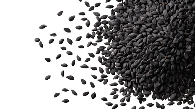 Close up macro shot of black cumin seeds on a transparent background