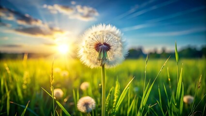 Dandelion field at sunrise with vibrant sky and grass