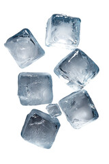 Obraz premium Transparent ice cubes of various sizes isolated on a deep transparent background