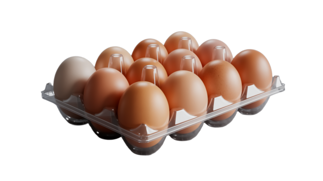 A 3D rendered image of a clear plastic egg carton containing 12 brown eggs arranged in two rows of 6. Isolated on a transparent background.