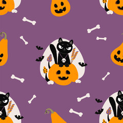 Cute Halloween Seamless pattern. Black Cat with skull, Candy treat in Pumpkin jack o lantern on purple background. Vector illustration for festive design, packaging, wallpaper, textile. Not AI