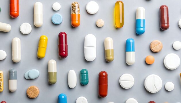 Assorted pills and capsules on a gray background