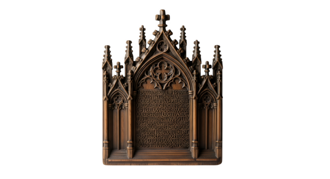 Intricate gothic wooden panel isolated on transparent background, showcasing the beauty of medieval craftsmanship and religious art in a decorative piece