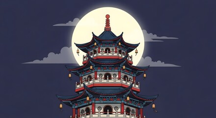 Traditional Chinese Pagoda Architecture Under a Full Moon, Symbolizing Serenity and Cultural Heritage