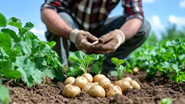 Harvesting fresh potatoes in the countryside fields