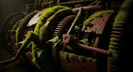 Nature reclaiming industrial ruins, moss-covered machinery in a forgotten jungle landscape