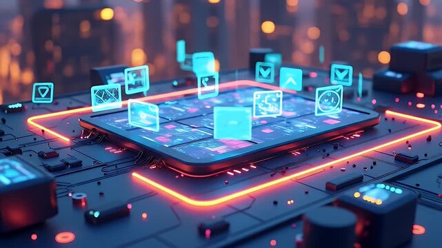 3D render of a streaming interface creating videos on the fly, holographic thumbnails popping out, futuristic content factory vibe
