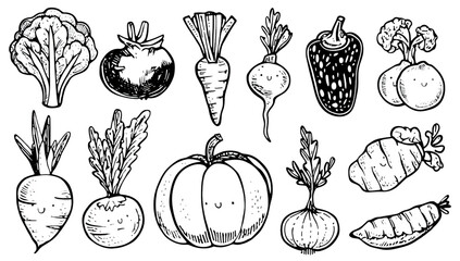 A set of hand-drawn vegetables in white line art on black background.