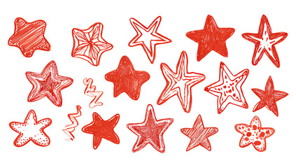 A collection of various hand-drawn red stars as clip art.