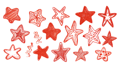 A collection of various hand-drawn red stars as clip art.