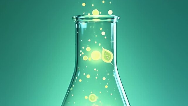 Glass beaker filled with clear ethanol liquid, green energy icons floating, futuristic clean fuel background, renewable energy illustration