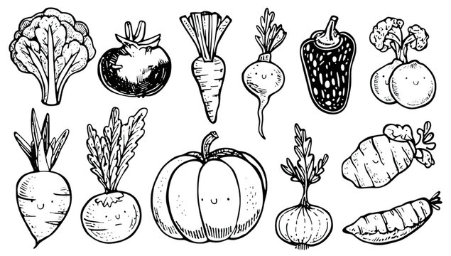 A set of hand-drawn vegetables in white line art on black background.