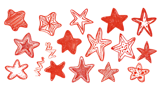 A collection of various hand-drawn red stars as clip art.