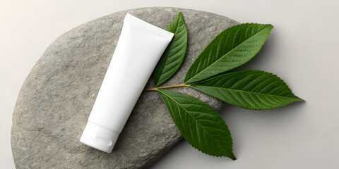 Minimal skincare tube on stone with green leaf in eco friendly natural wellness cosmetic design
