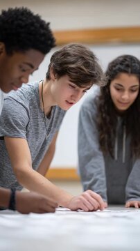 High school students, two boys and a girl, are collaborating on a school project, pointing at a large sheet of paper on a table, possibly discussing ideas or reviewing their work