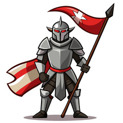 Obraz premium Cartoon knight holding a flag silhouette isolated on white background