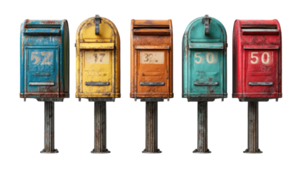 Row of five vintage colorful mailboxes isolated on black background