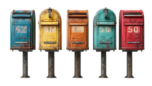 Row of five vintage colorful mailboxes isolated on black background