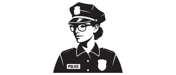 Logo of a police-girl in glasses and cap. Vector black silhouette. with white background