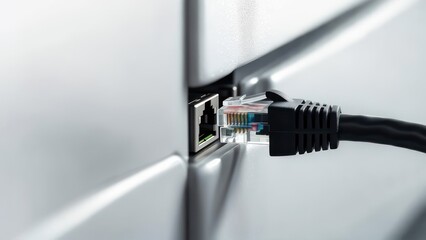 Network cable inserted into a wall socket