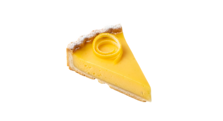A slice of delicious lemon tart isolated on transparent background, showcasing its bright yellow filling and delicate pastry crust, topped with a lemon twist