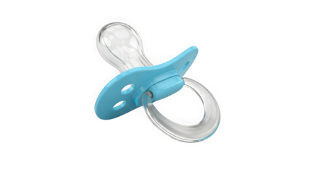 Close-up studio shot of a blue and clear baby pacifier offering comfort and soothing for infants and newborns transparent background