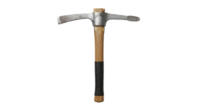 A vintage ice axe isolated on transparent background, featuring a wooden handle and a steel head with a pick and adze, used for mountaineering